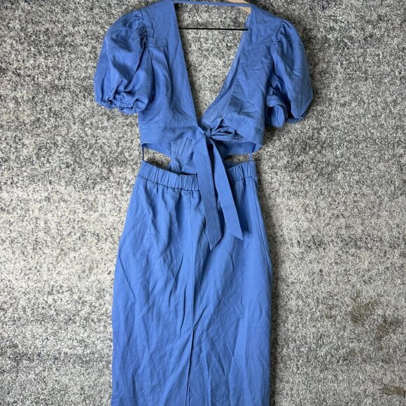 Reiss Dress Womens 6 Blue Jennah Cutout Puff Sleeve Midi Tie Back Linen - Picture 4 of 8